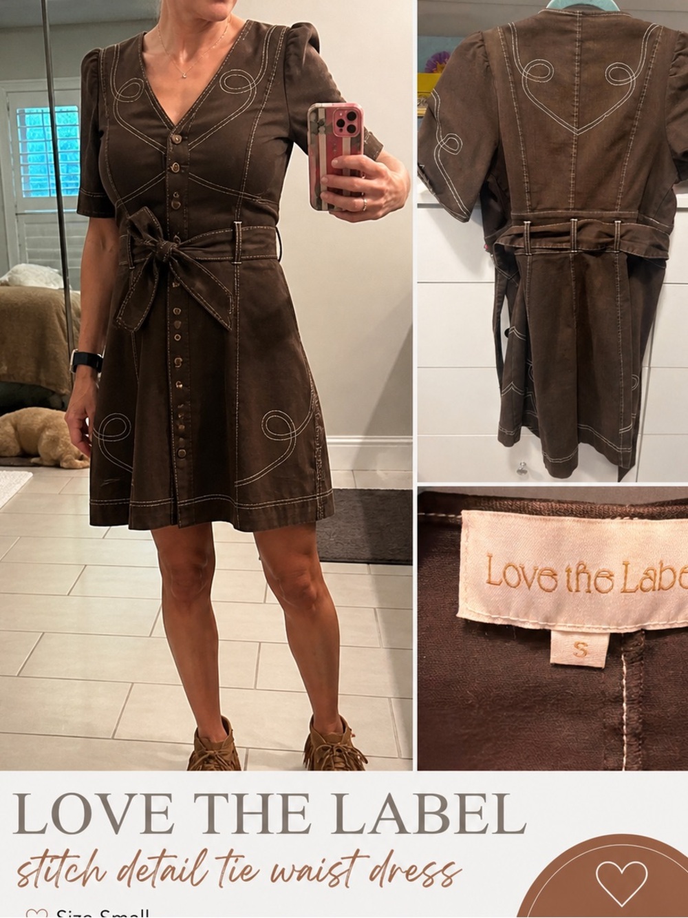 Womens Brown Button-Front Tie-Waist Dress